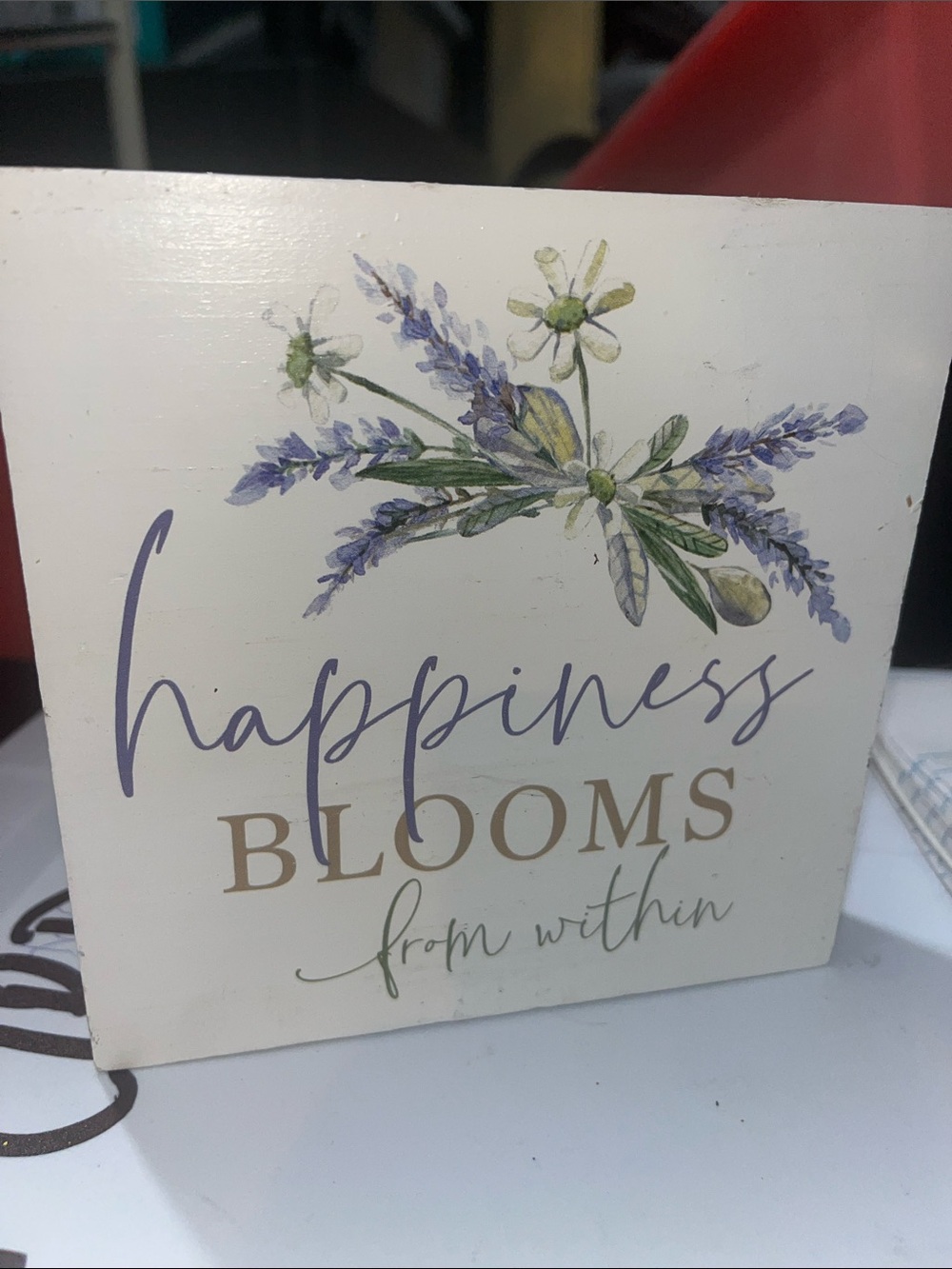Happiness Blooms Decorative Plaque - White and Purple Amish Labeled wooden 428